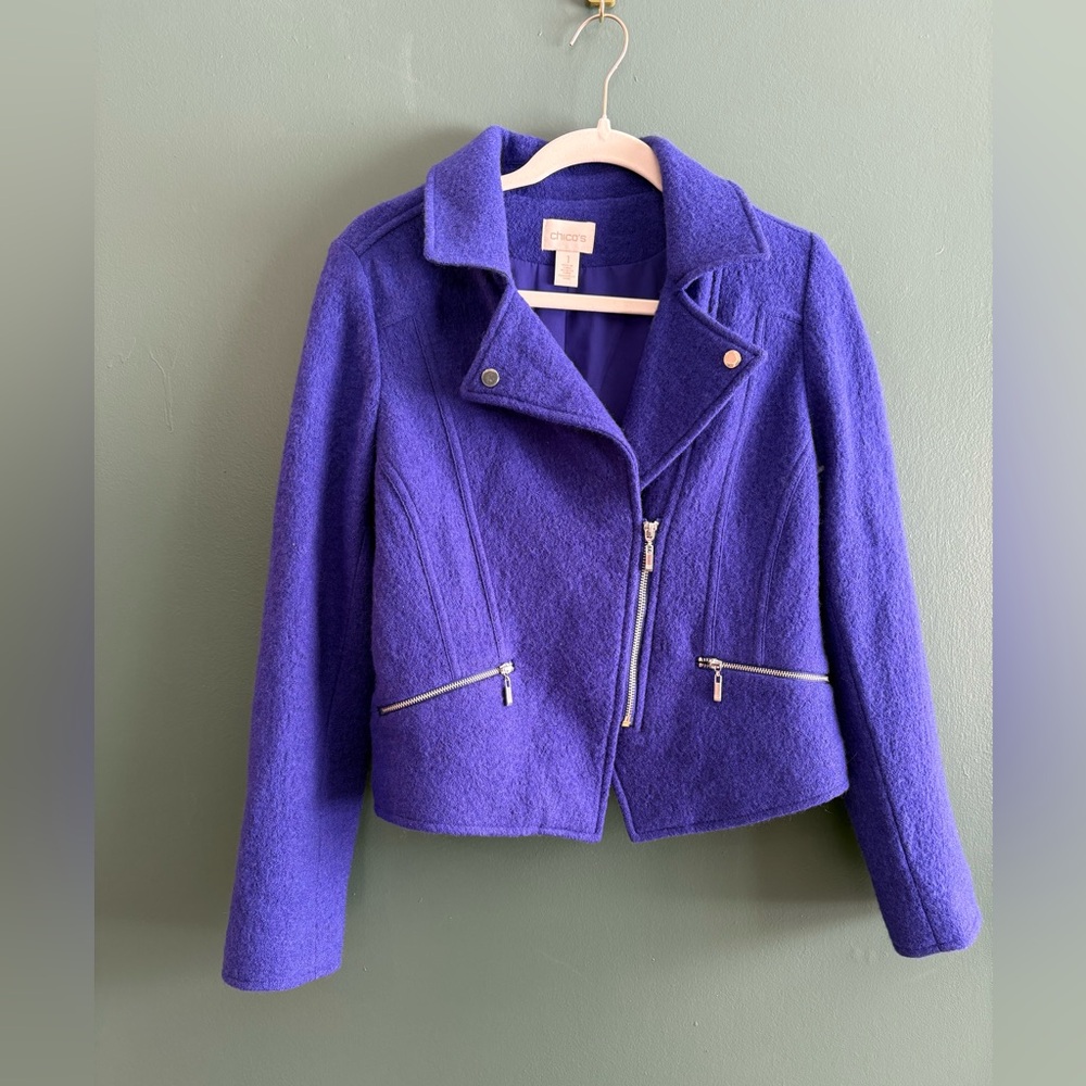 Chico's Royal Blue Boiled Wool Blend Moto Office Warm Spring Fall Jacket Size 1